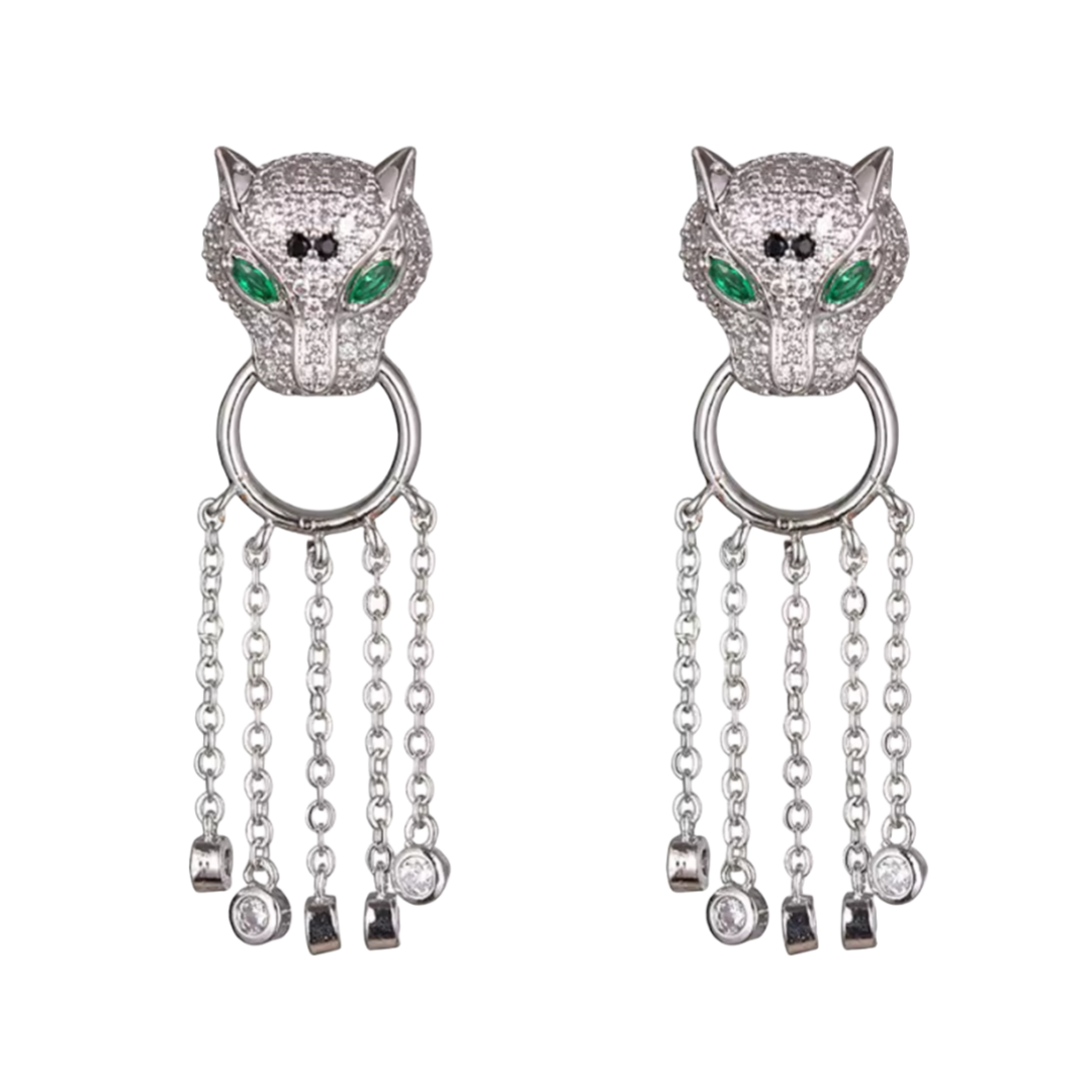 CTEV003 18K White Gold Panther tassels earrings - ccjewelryacc
