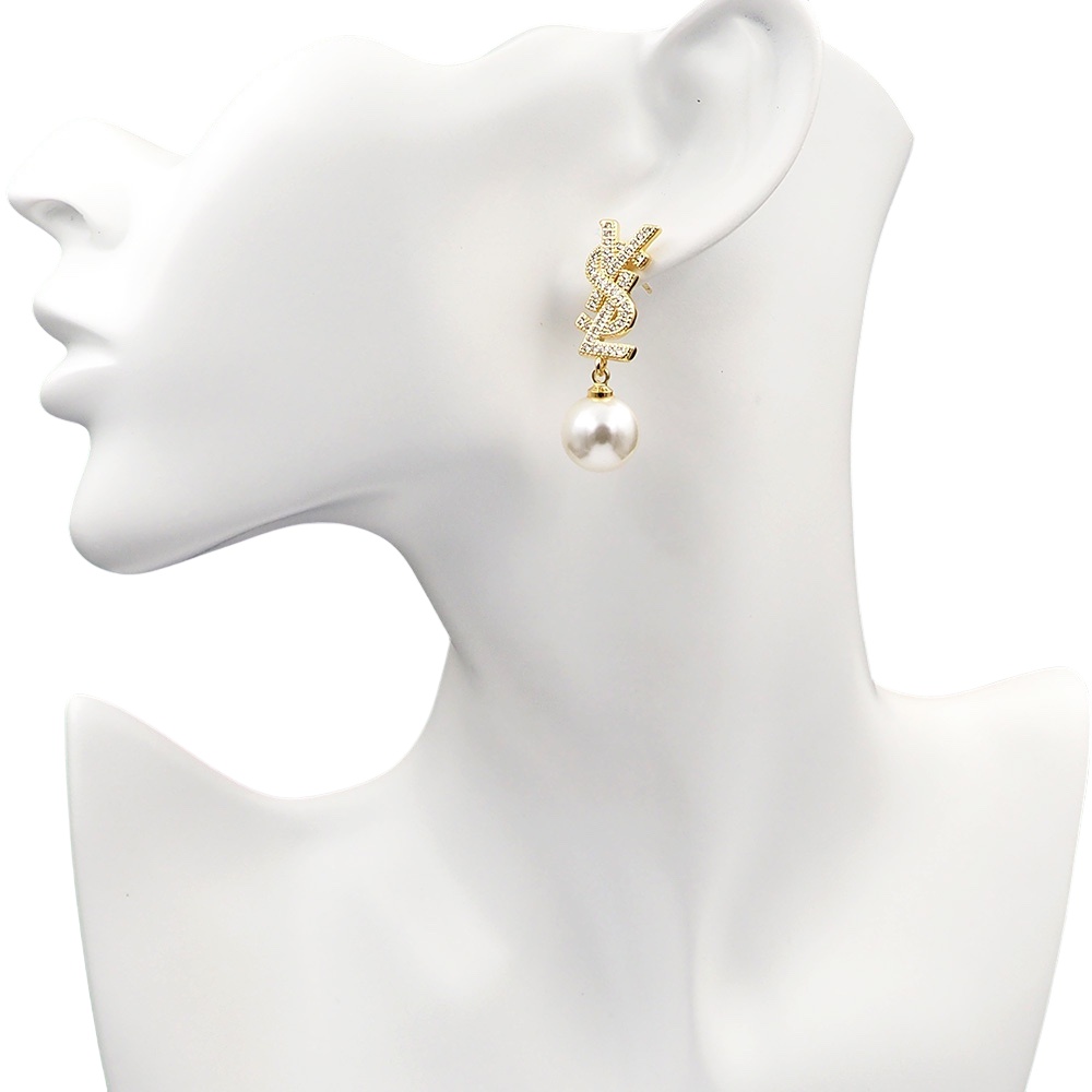 YYE083 Metal Crystal ysl with pearl drop earrings - ccjewelryacc