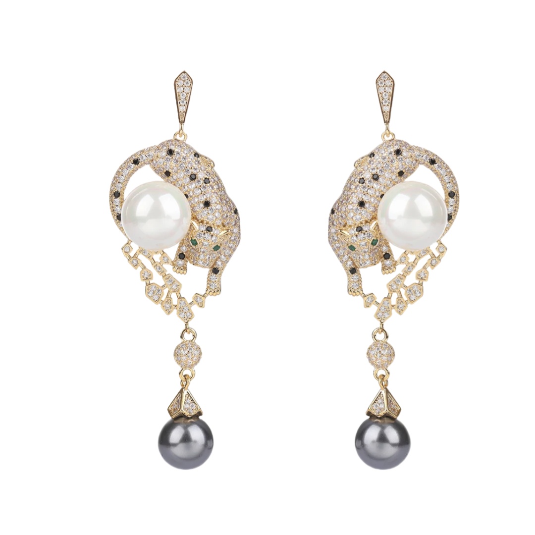 CTEV007 18K Gold Panther with black pearl drop earrings - ccfashionjewelry