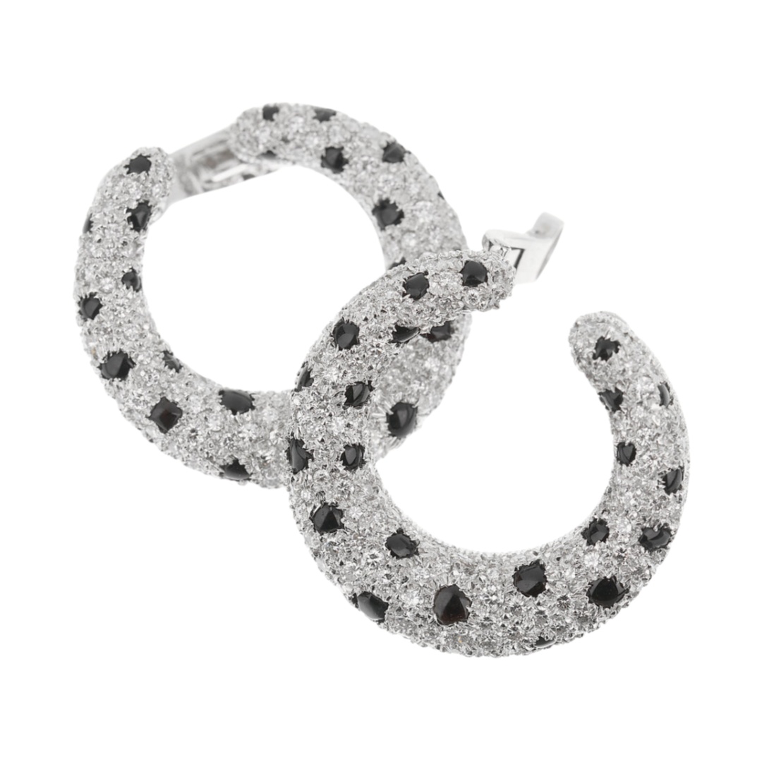 CTEV022 18k Cartier Panthere Onyx Diamond Platinum Hoop Earrings - ccjewelryacc