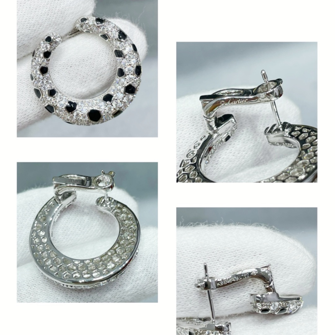 CTEV022 18k Cartier Panthere Onyx Diamond Platinum Hoop Earrings - ccjewelryacc