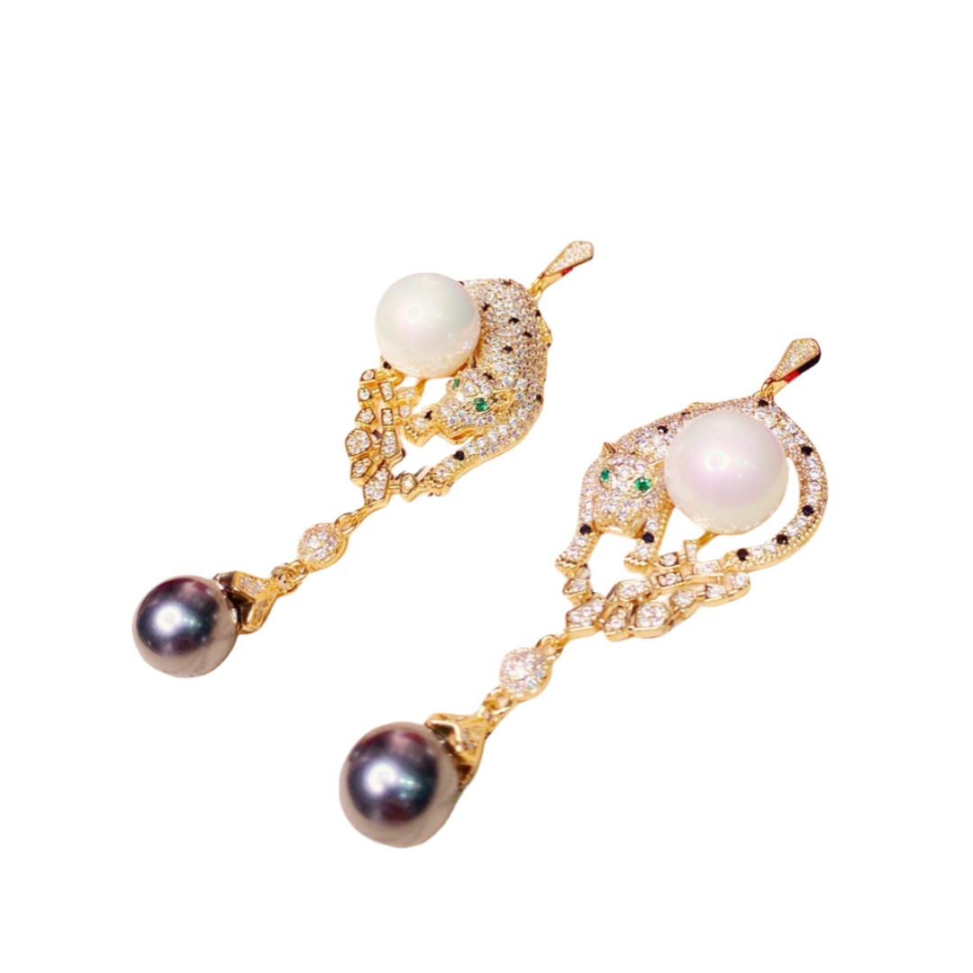 CTEV007 18K Gold Panther with black pearl drop earrings - ccfashionjewelry