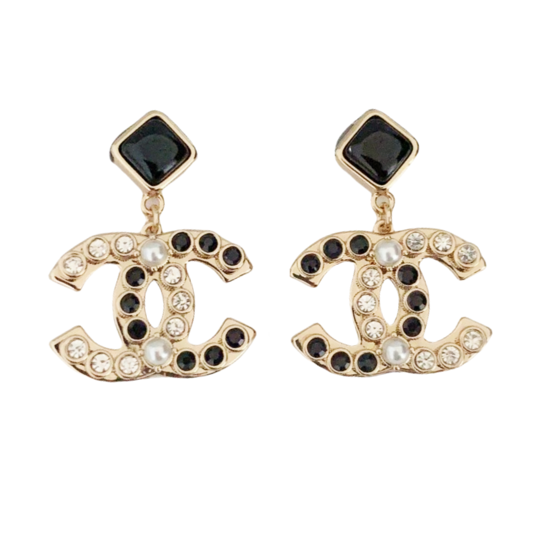 CCE494 Black and white crystal double c drop Earring - ccfashionjewelry