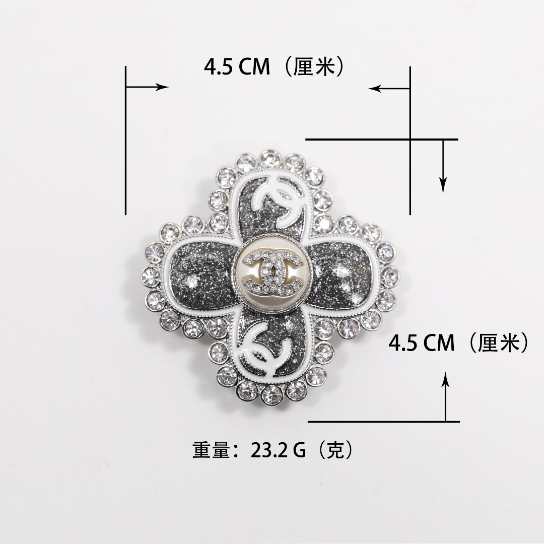 BCB548 Chanel Cross flower White enamel with double C gray glitter brooch - ccjewelryacc
