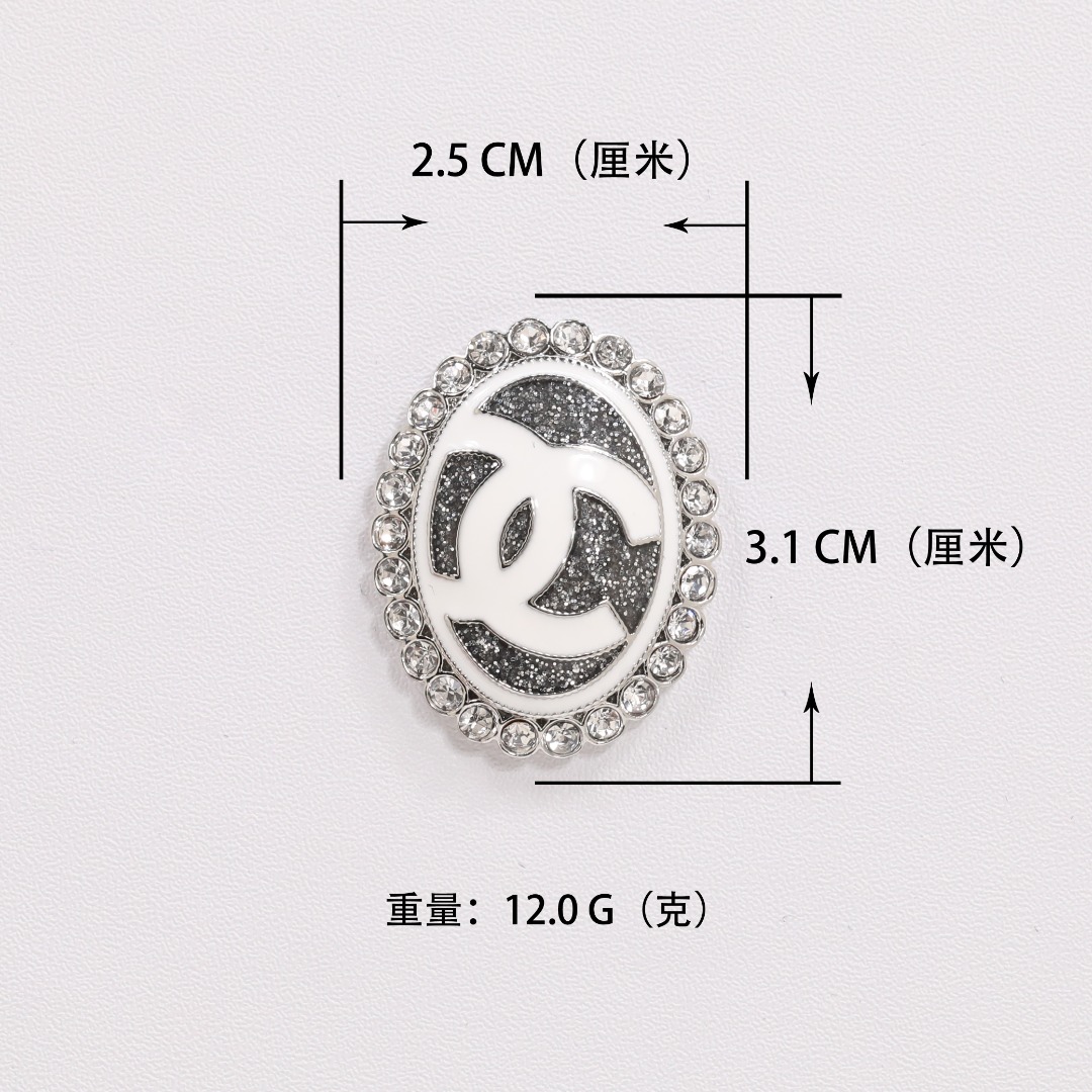 BCB546 Chanel White gold glitter and enamel oval rhinestone brooch - ccjewelryacc