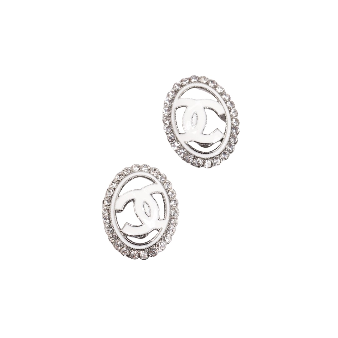 CCE216 White Gold oval enamel with cc logo stud earring - ccfashionjewelry