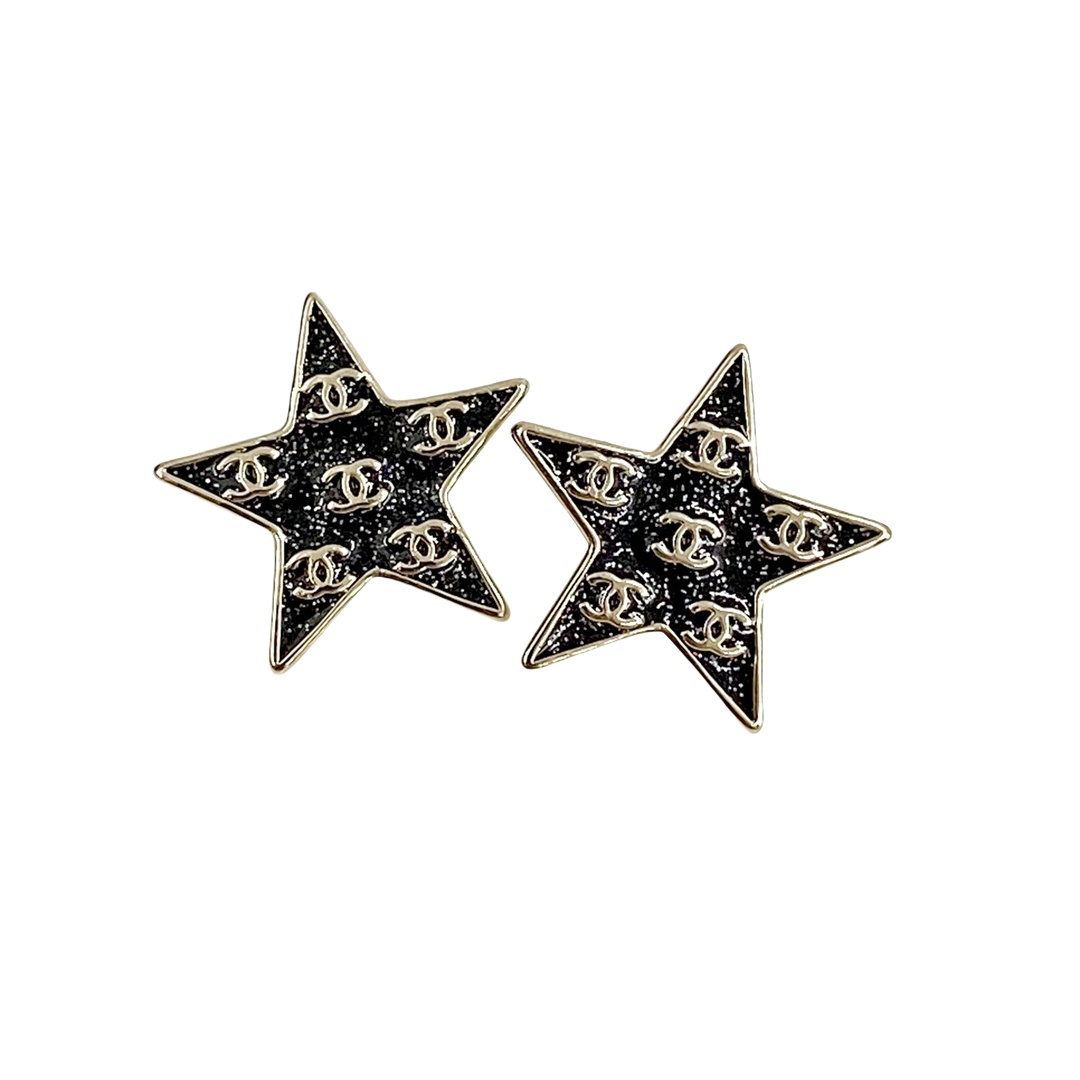 CCE250 24C star black enamel sparkle cc logo stud earrings - ccjewelryacc