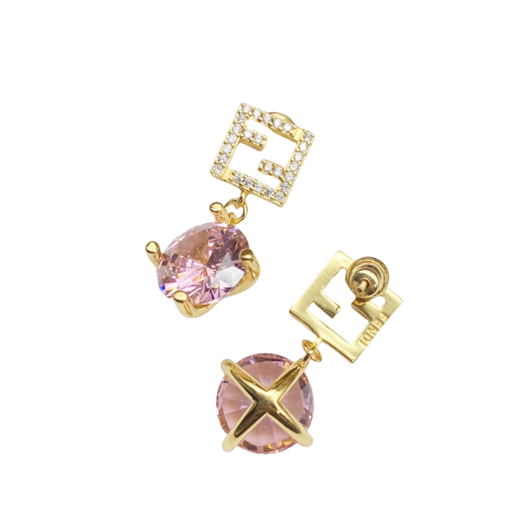 FDE057 Fendi Gold Tone Crystal Studded Pink Stone Drop Earrings - ccjewelryacc