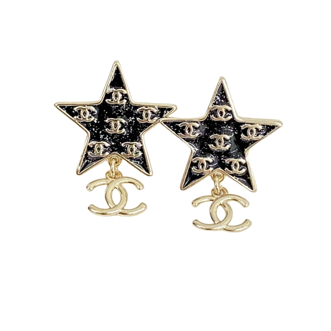 CCE250 24C star black enamel sparkle cc logo stud earrings - ccjewelryacc
