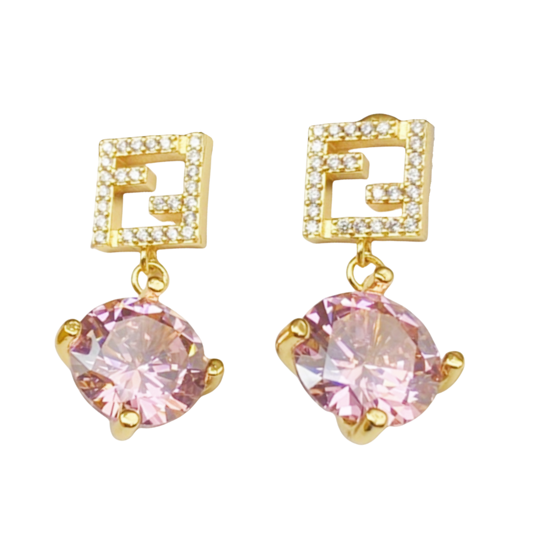 FDE057 Fendi Gold Tone Crystal Studded Pink Stone Drop Earrings - ccfashionjewelry