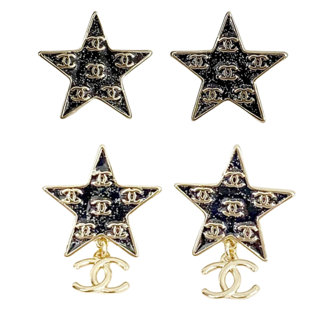 CCE250 24C star black enamel sparkle cc logo stud earrings - ccfashionjewelry