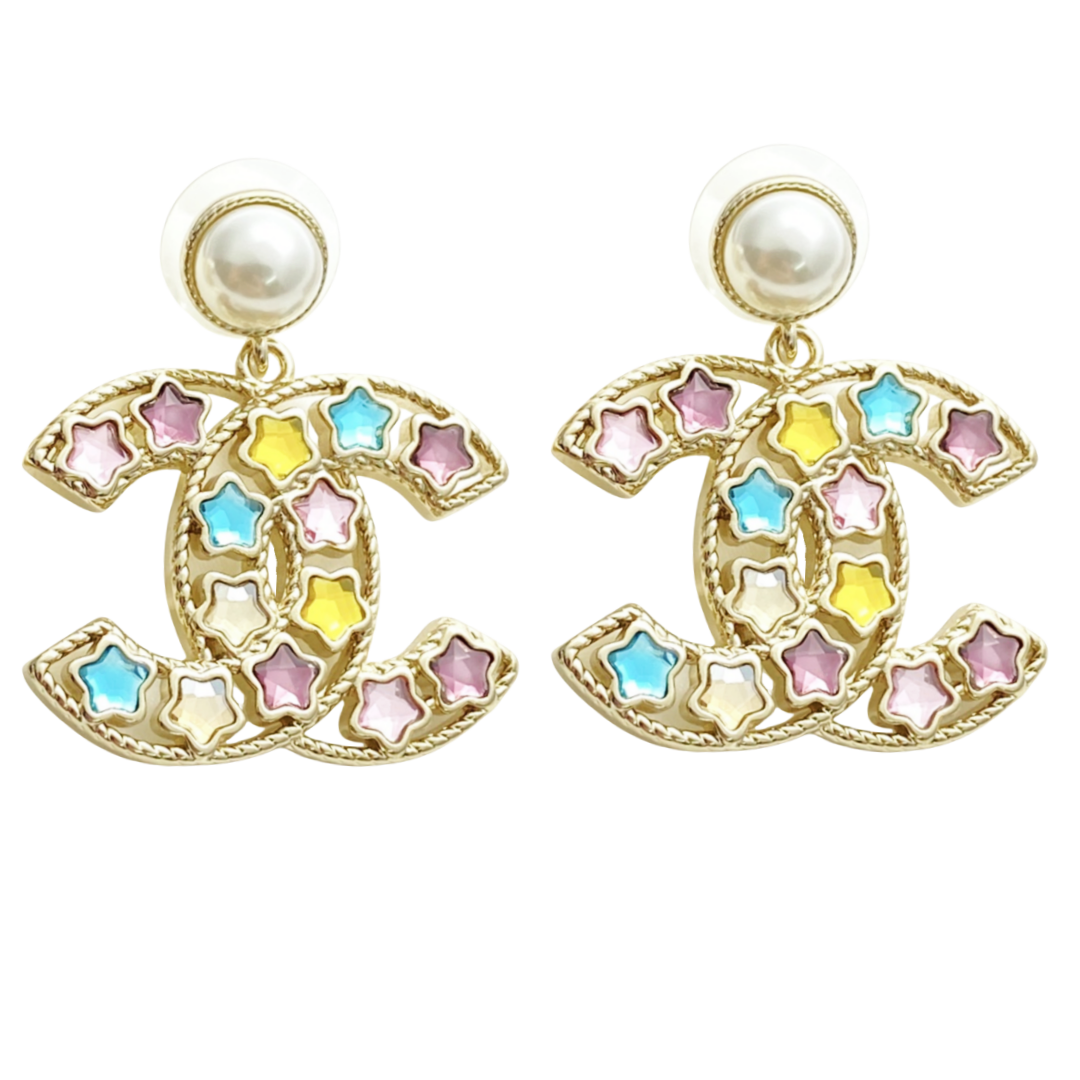 CCE208 Colored crystal star CC logo drop earrings for women - ccjewelryacc