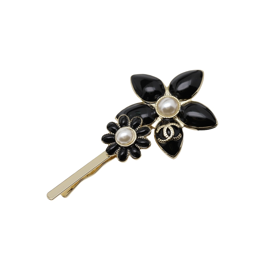 CCH036 Black enamel chanel flower hair clip - ccjewelryacc
