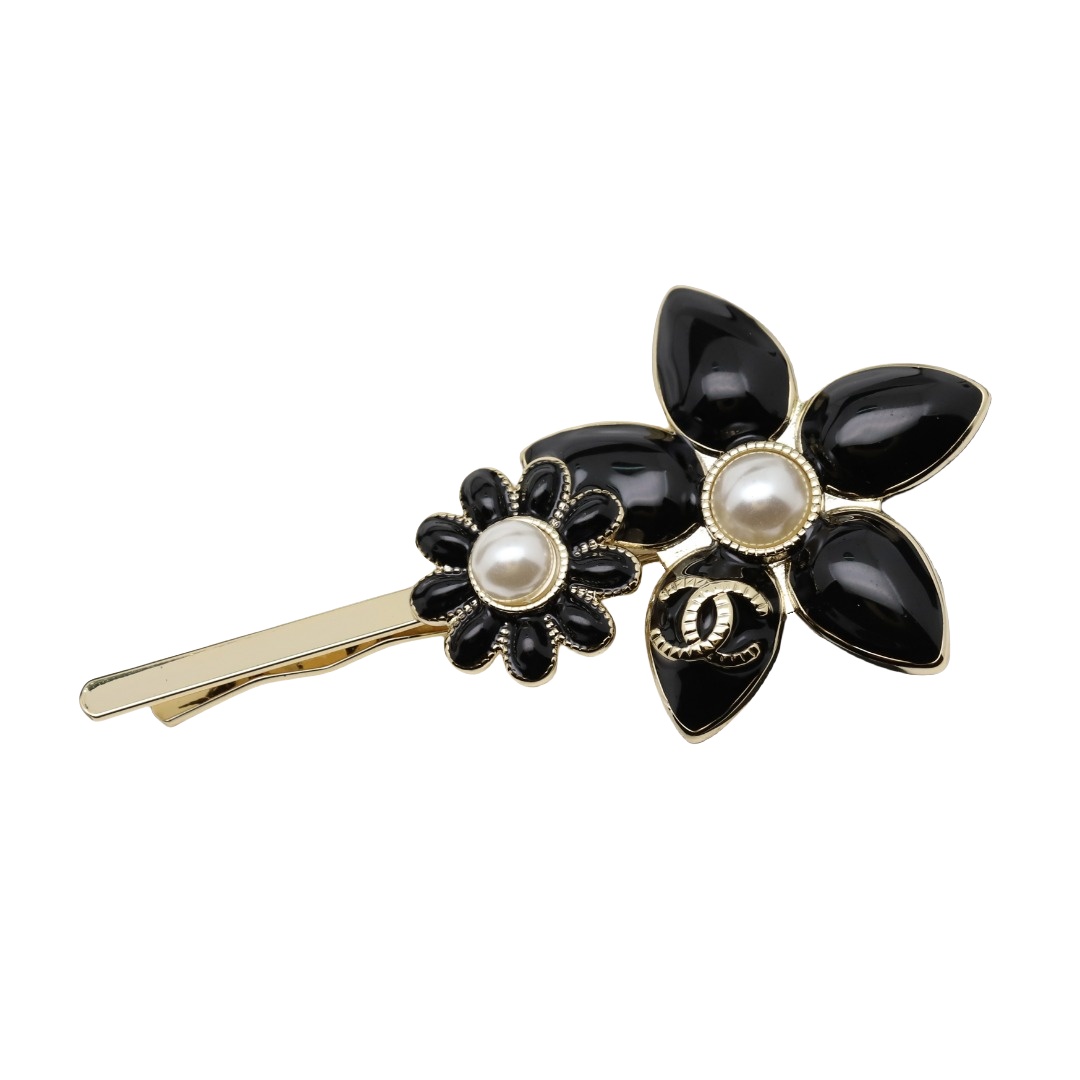CCH036 Black enamel chanel flower hair clip - ccjewelryacc