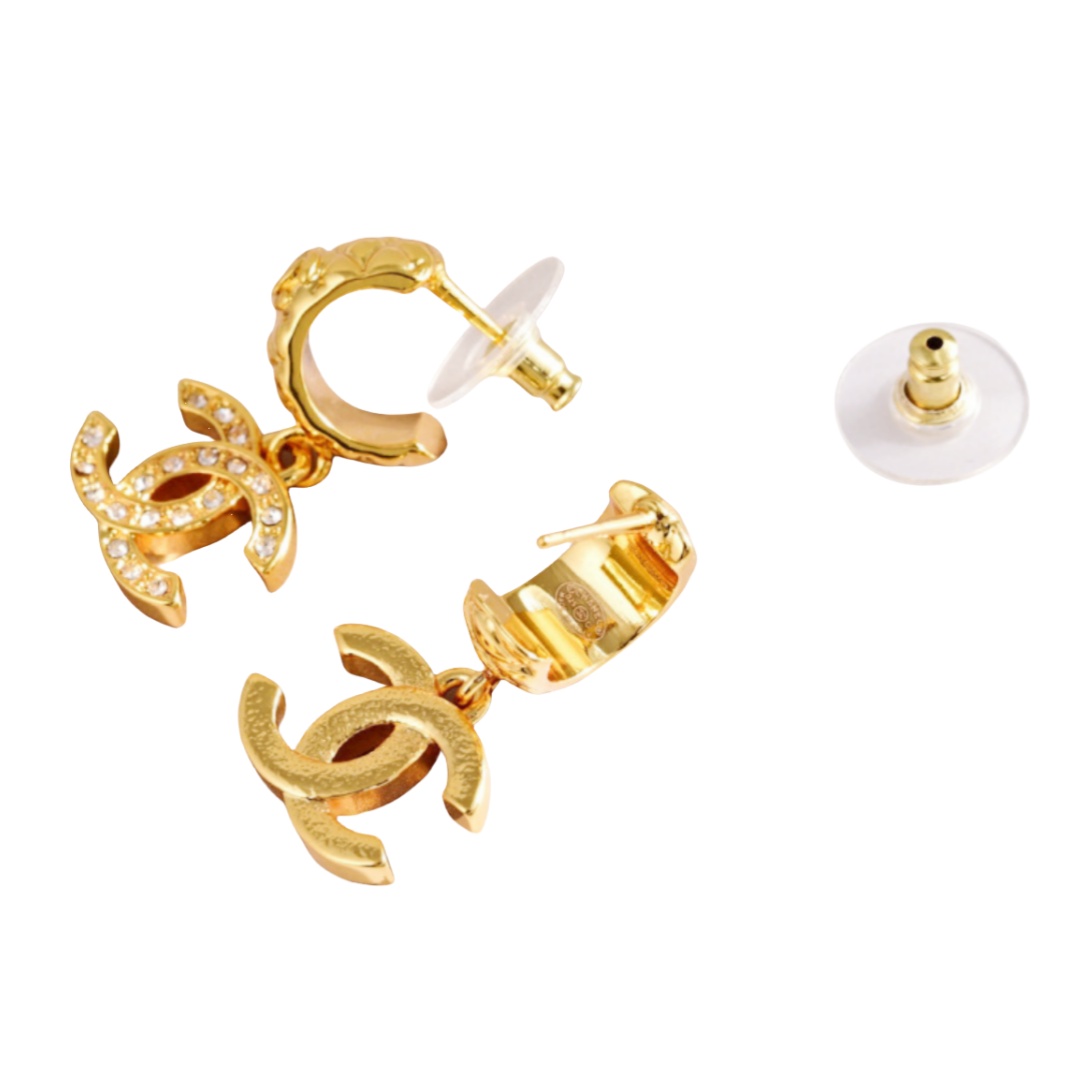 CCE074 Chanel 25 C shape Quilting and crystal cc logo earrings - ccjewelryacc