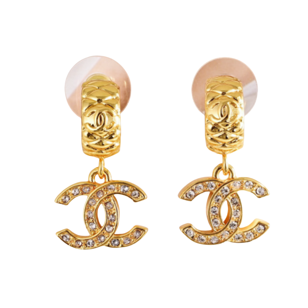 CCE074 Chanel 25 C shape Quilting and crystal cc logo earrings - ccjewelryacc