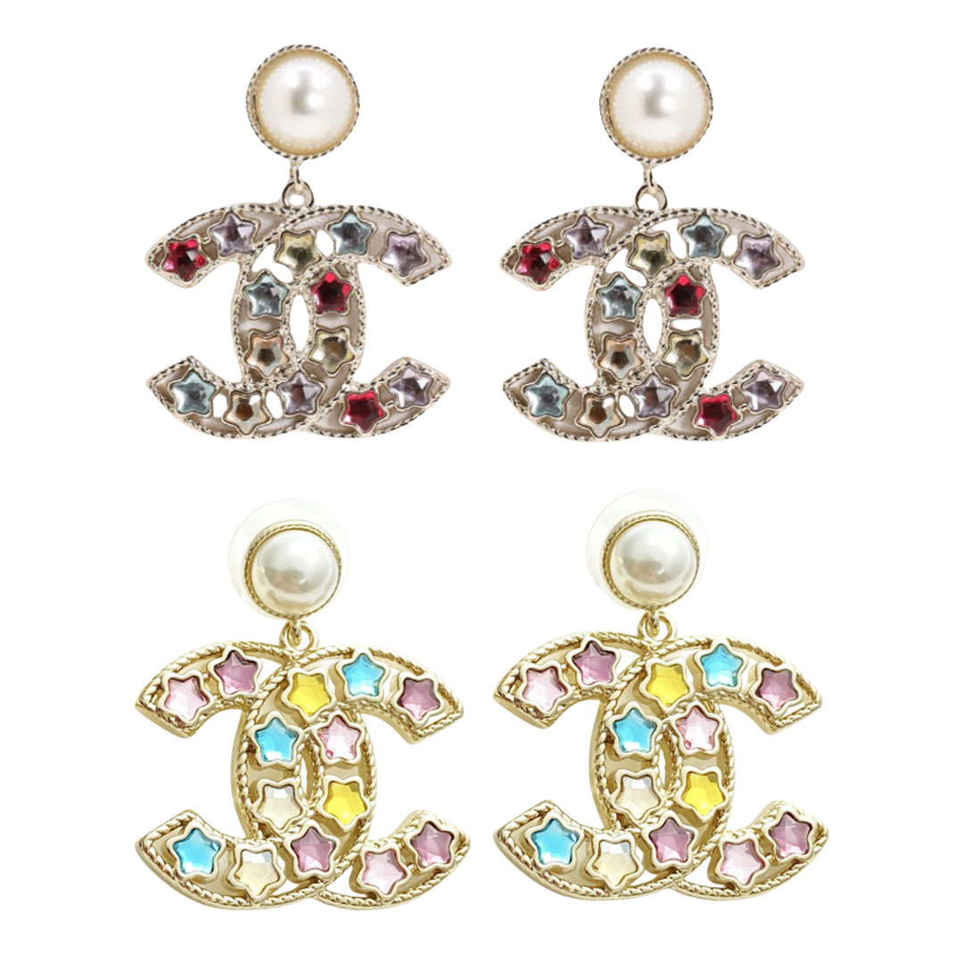 CCE208 Colored crystal star CC logo drop earrings for women - ccjewelryacc