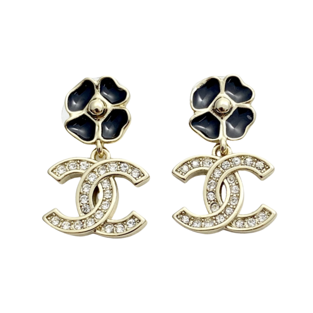 CCE259 Chanel 25P black enamel Four leaf clover crystal cc logo earrings - ccfashionjewelry