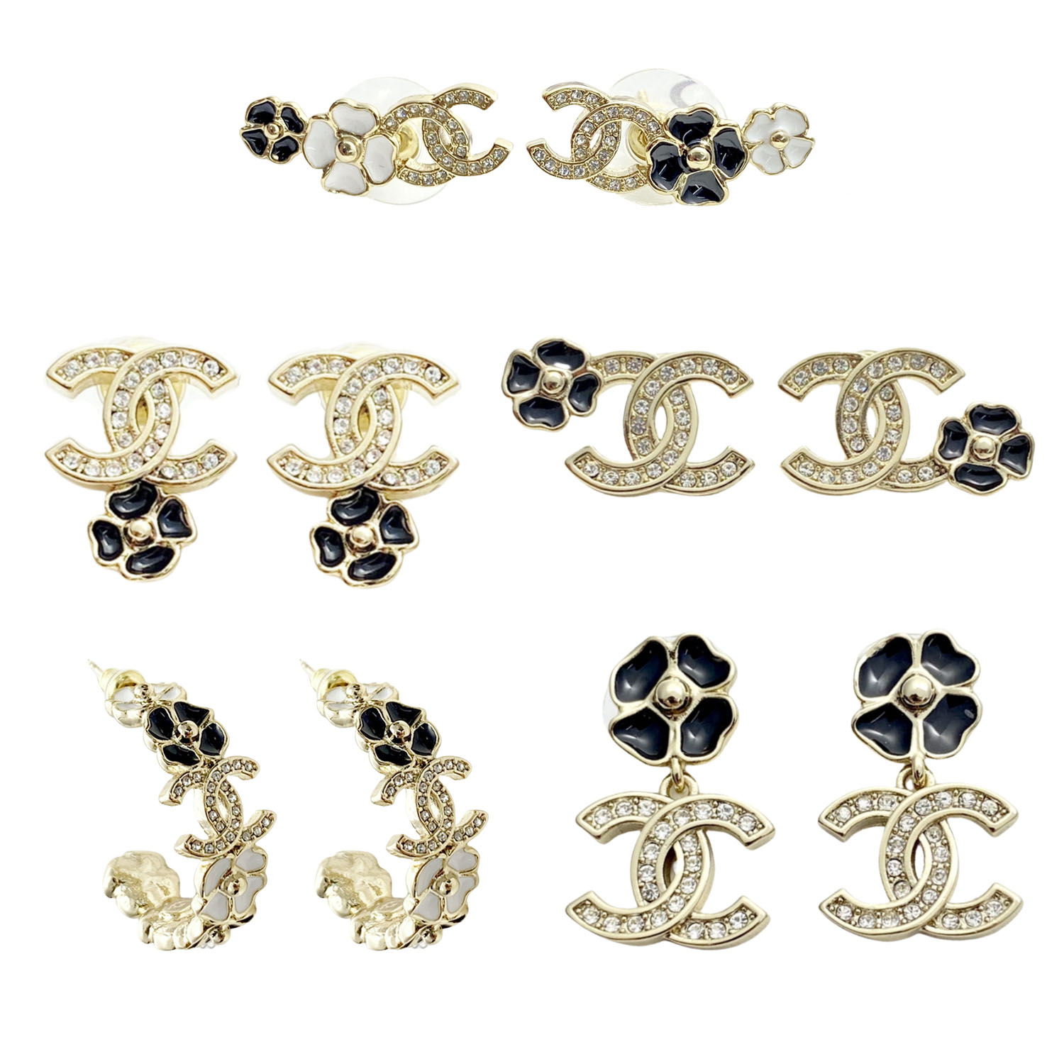 CCE259 Chanel 25P black enamel Four leaf clover crystal cc logo earrings - ccfashionjewelry