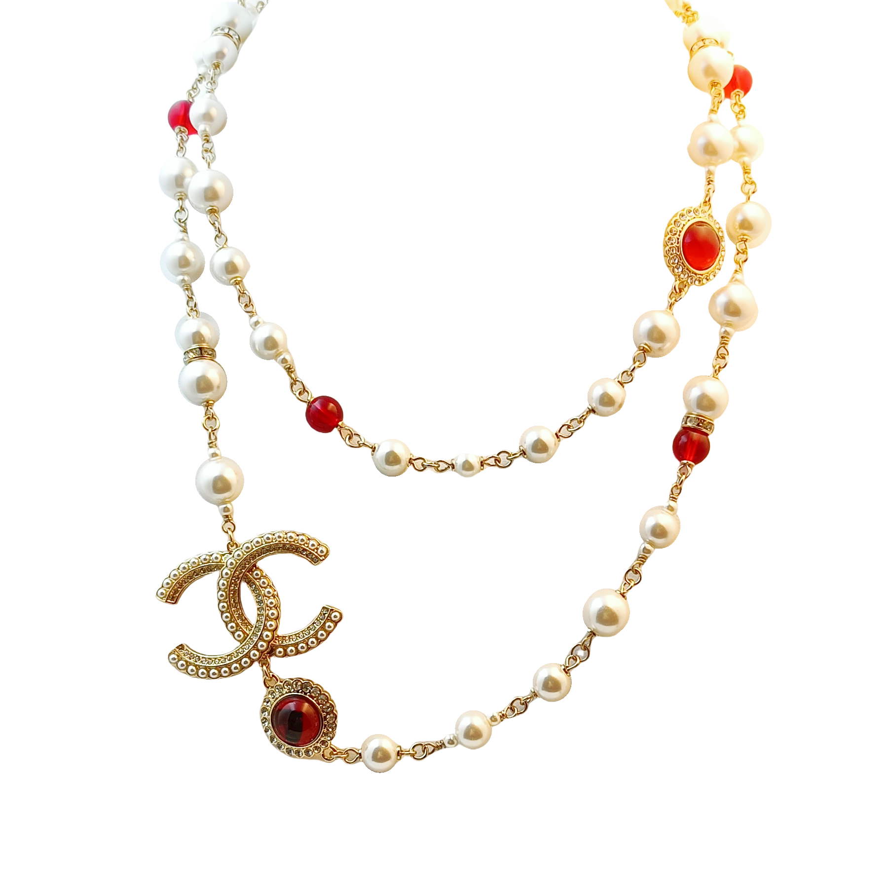 CCL064 Vintage red crystal and CC logo long pearl chain Sweater necklace - ccfashionjewelry