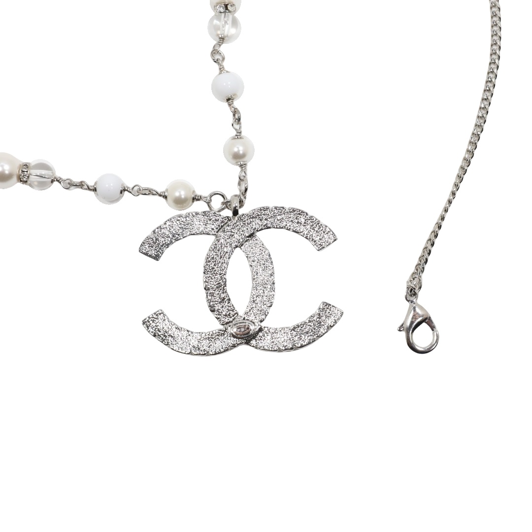 CCN322 Chanel White Gold enamel crystal cc logo pendant necklace - ccjewelryacc