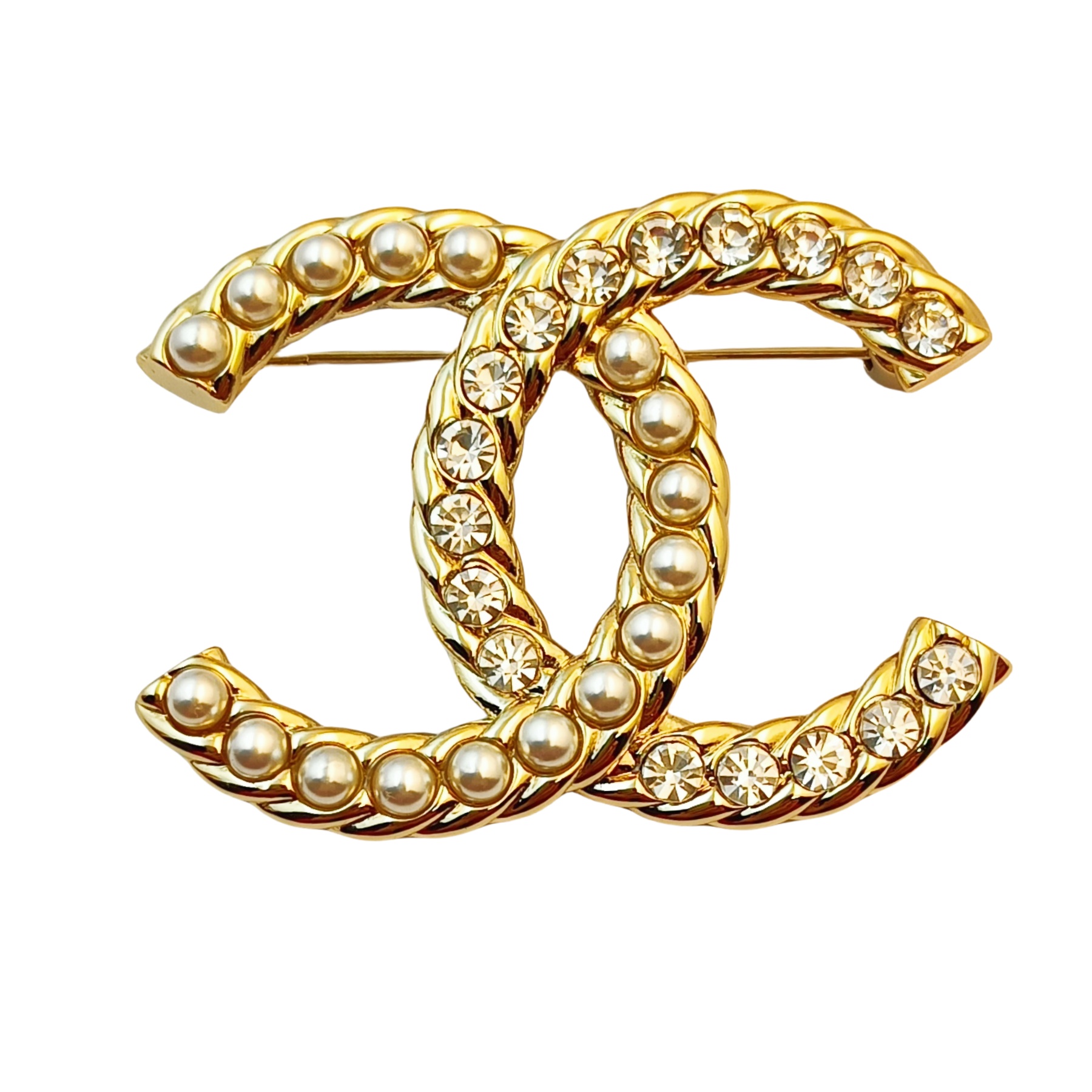 BCB286 23A Metal crystal and pearl CC logo brooch pin - ccfashionjewelry