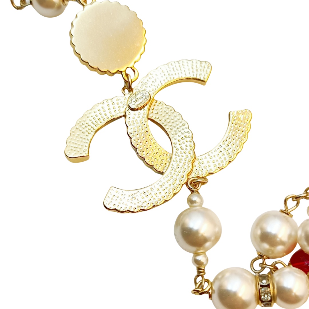 CCL064 Vintage red crystal and CC logo long pearl chain Sweater necklace - ccfashionjewelry