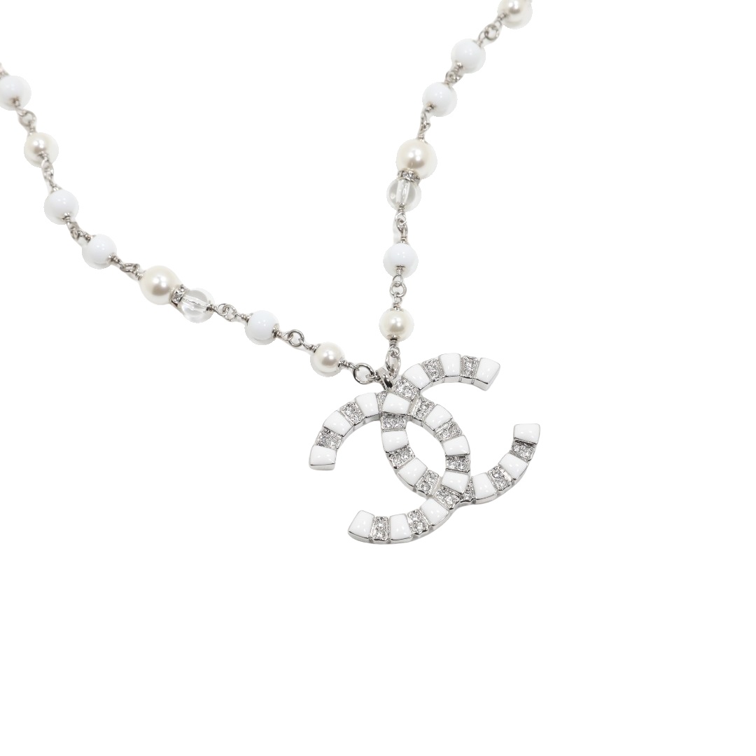 CCN322 Chanel White Gold enamel crystal cc logo pendant necklace - ccfashionjewelry