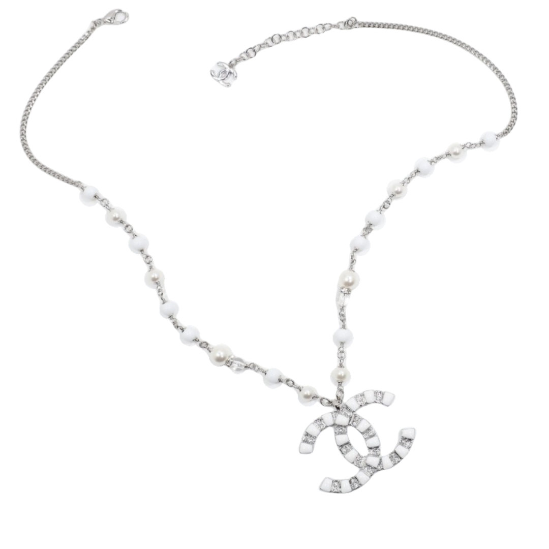 CCN322 Chanel White Gold enamel crystal cc logo pendant necklace - ccfashionjewelry
