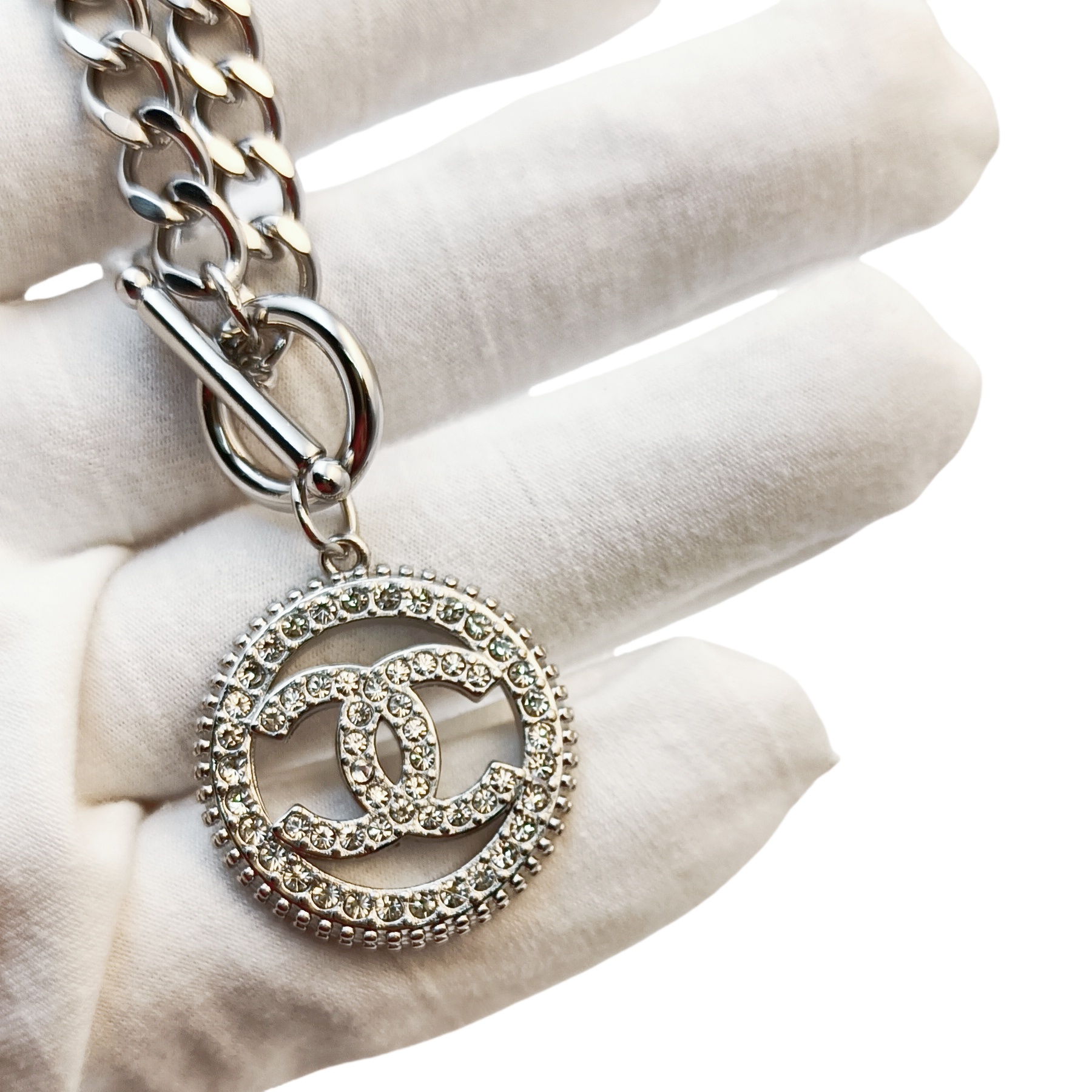 CCT043 Chanel silver metal crystal OT necklace bracelet earring set - ccjewelryacc