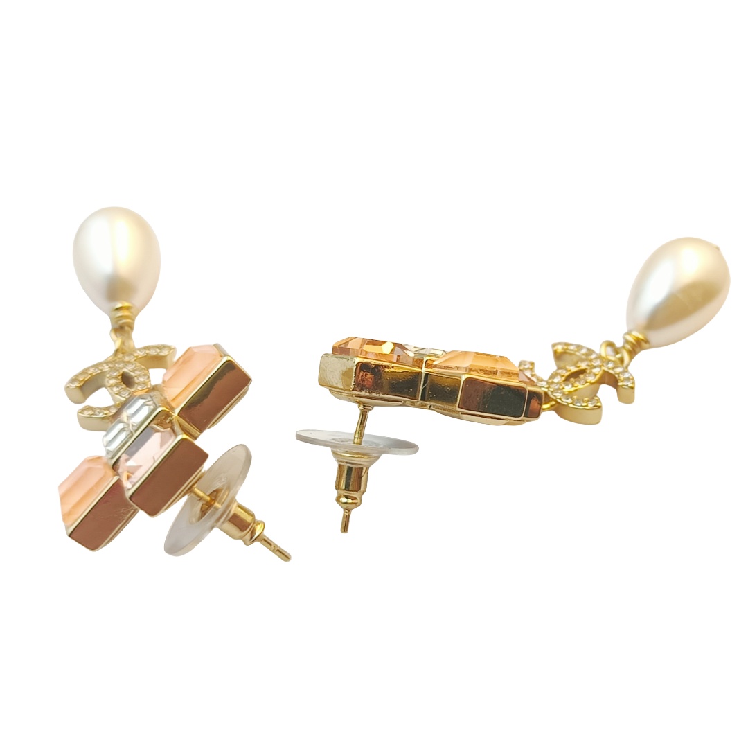 CCE050 Chanel Color square crystal cross with pearl drop pendant earrings - ccfashionjewelry