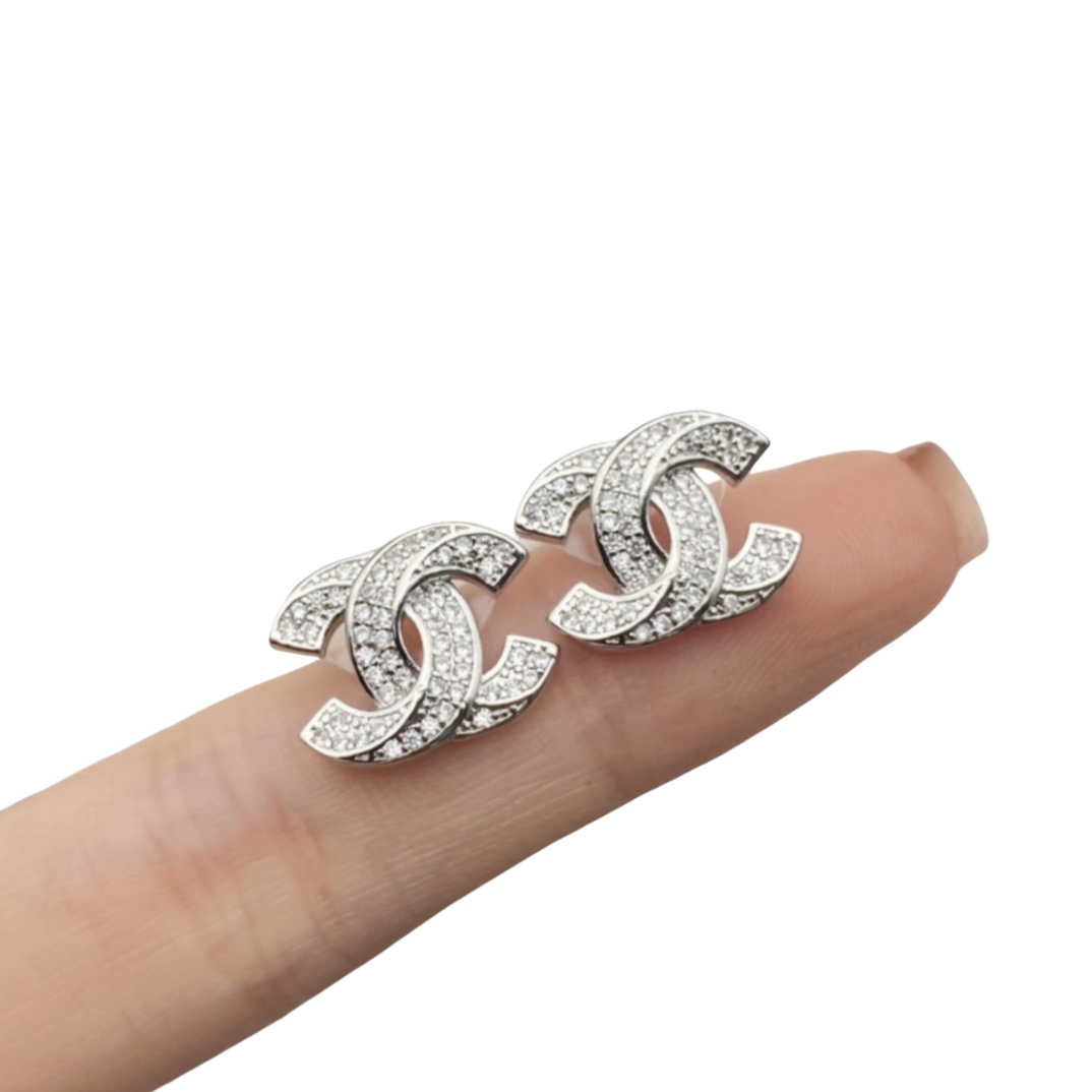 CCE178 Silver Chanel full crystal cc stud earrings - ccjewelryacc