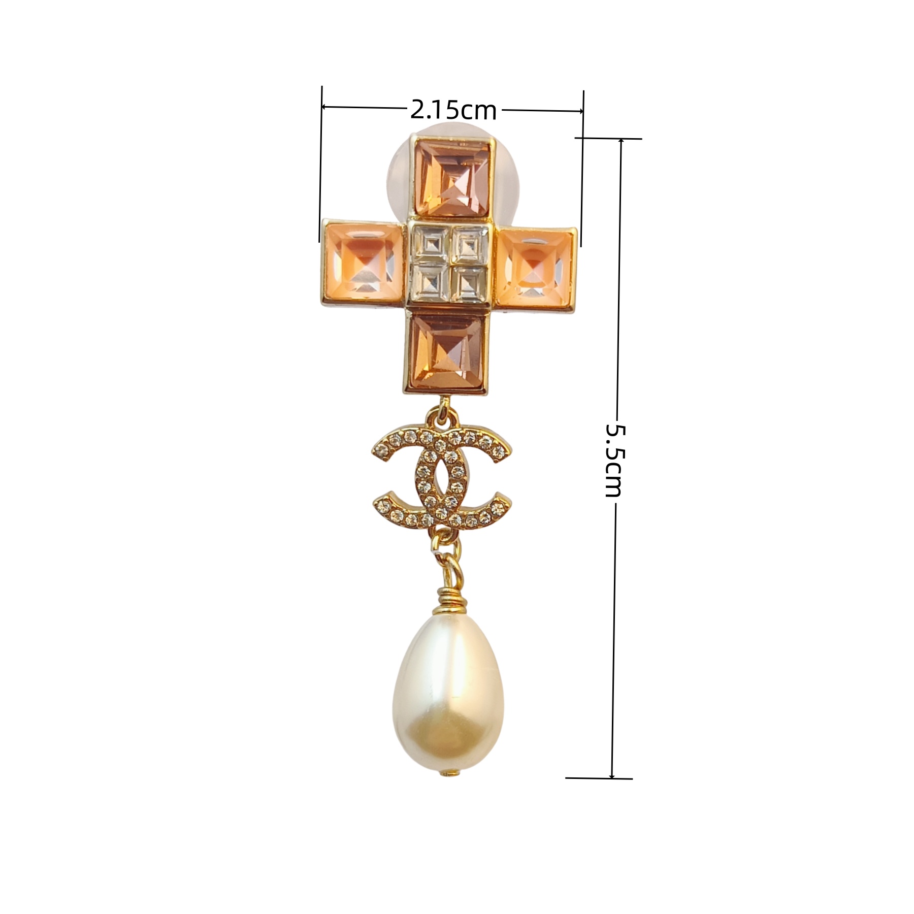 CCE050 Chanel Color square crystal cross with pearl drop pendant earrings - ccjewelryacc