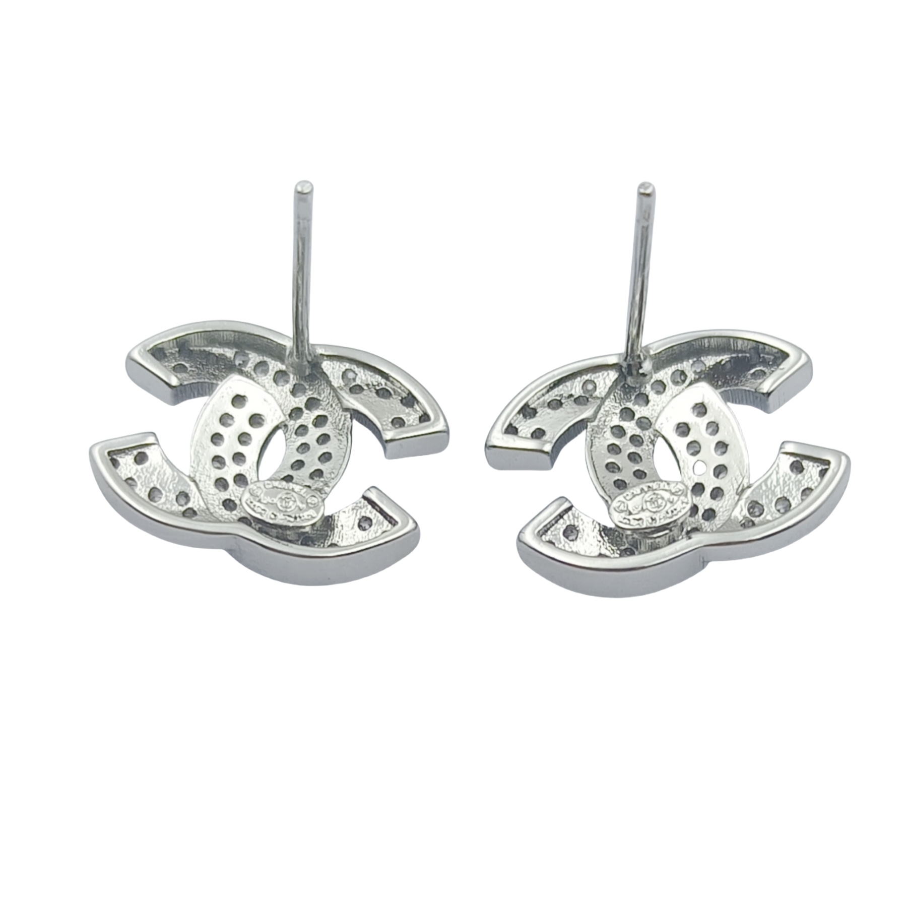 CCE178 Silver Chanel full crystal cc stud earrings - ccjewelryacc
