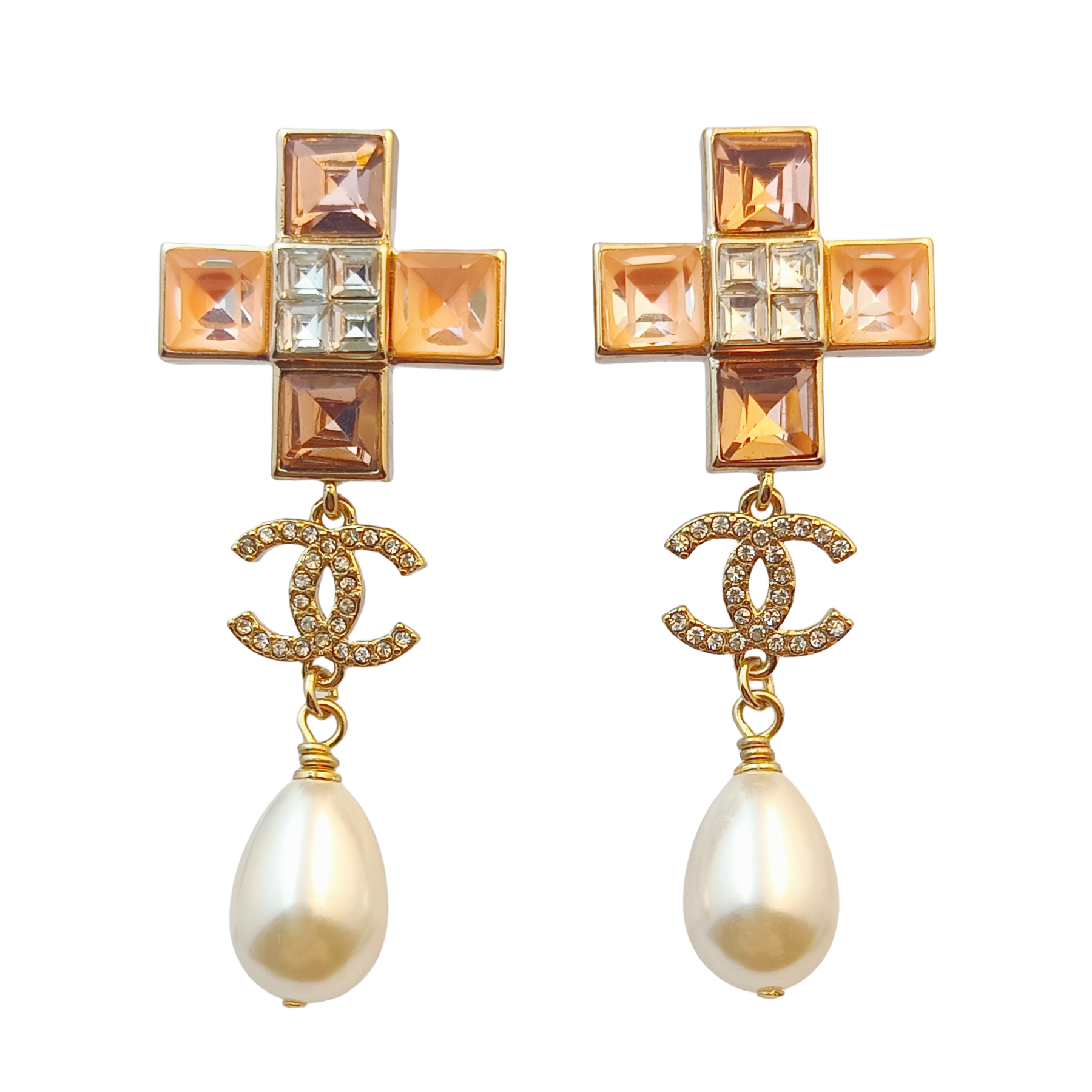 CCE050 Chanel Color square crystal cross with pearl drop pendant earrings - ccfashionjewelry