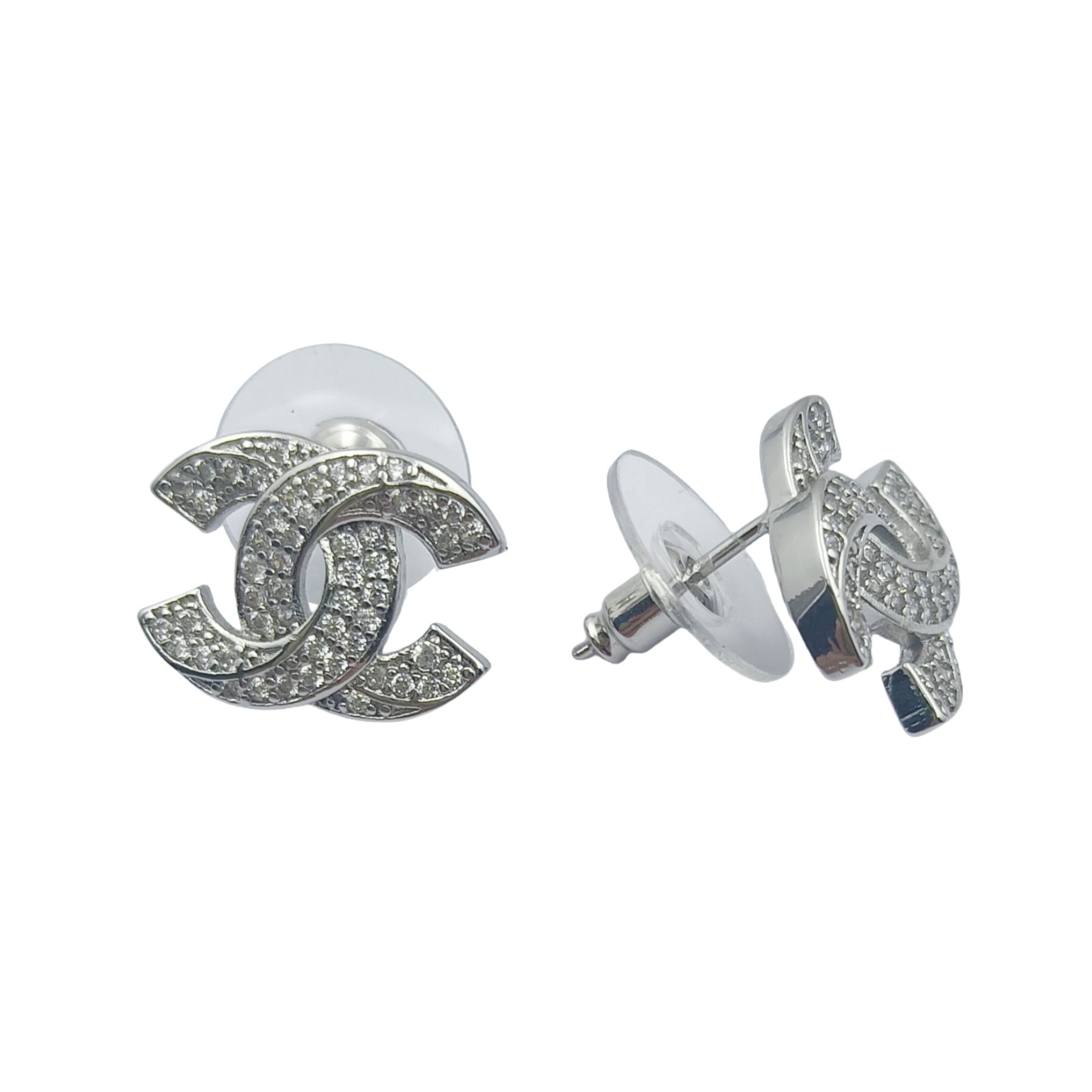 CCE178 Silver Chanel full crystal cc stud earrings - ccfashionjewelry