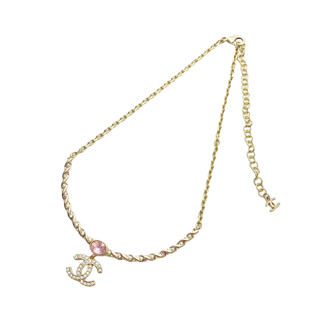 CCN433 Chanel Pearl twist crystal pink cc logo pendant necklace - ccfashionjewelry