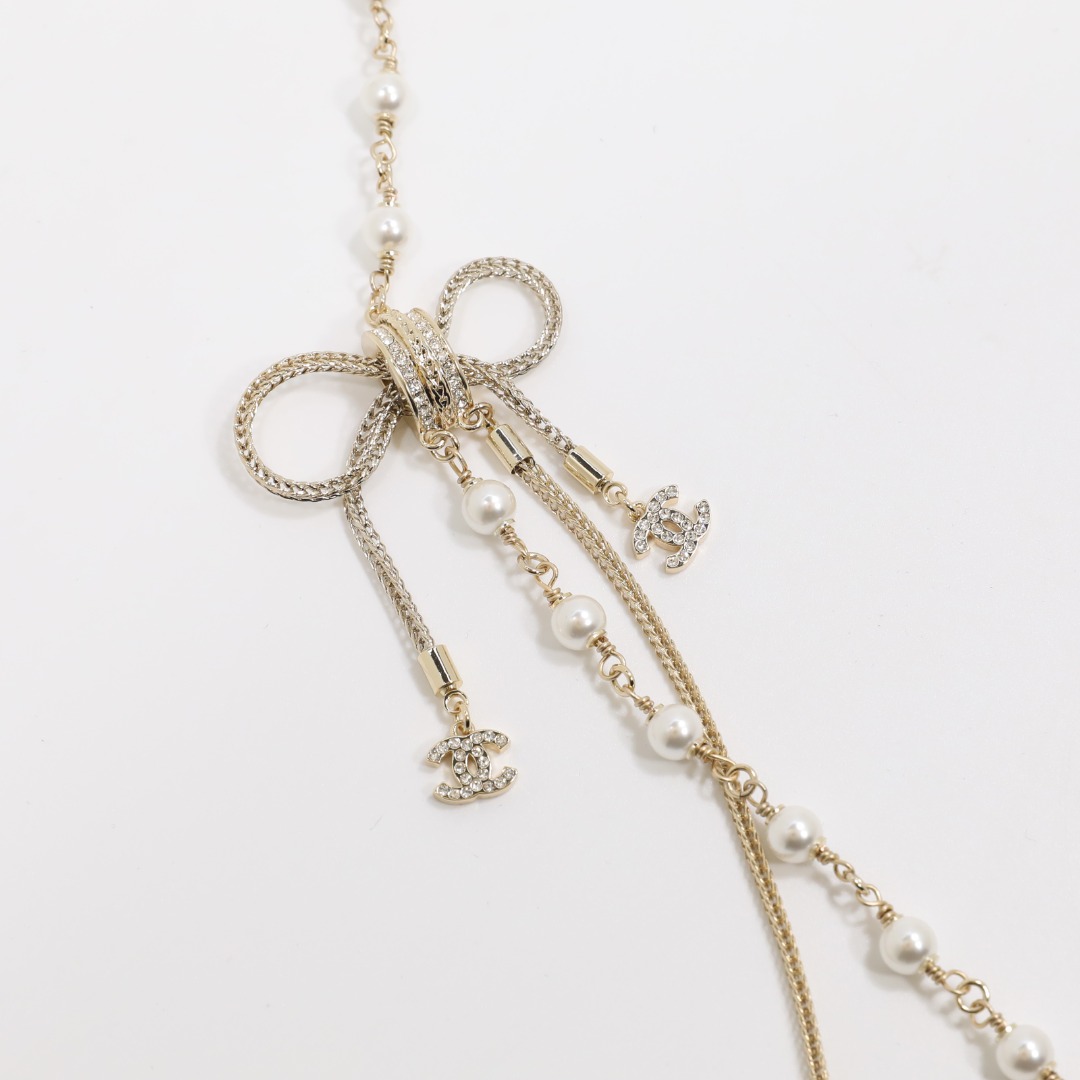 CCL070 Chanel metal pearl bow tassels long chain sweater necklace - ccjewelryacc