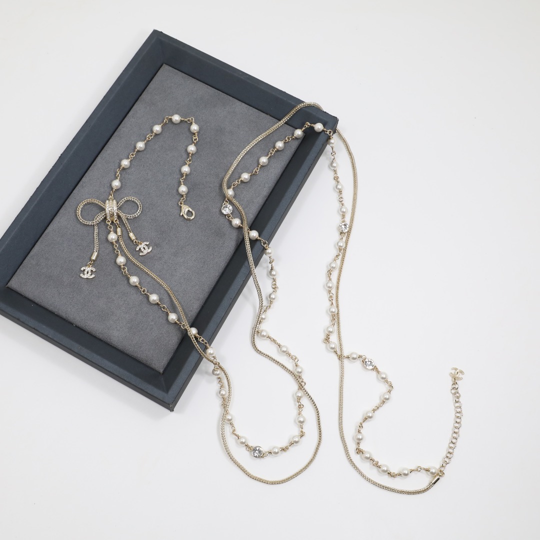 CCL070 Chanel metal pearl bow tassels long chain sweater necklace - ccjewelryacc