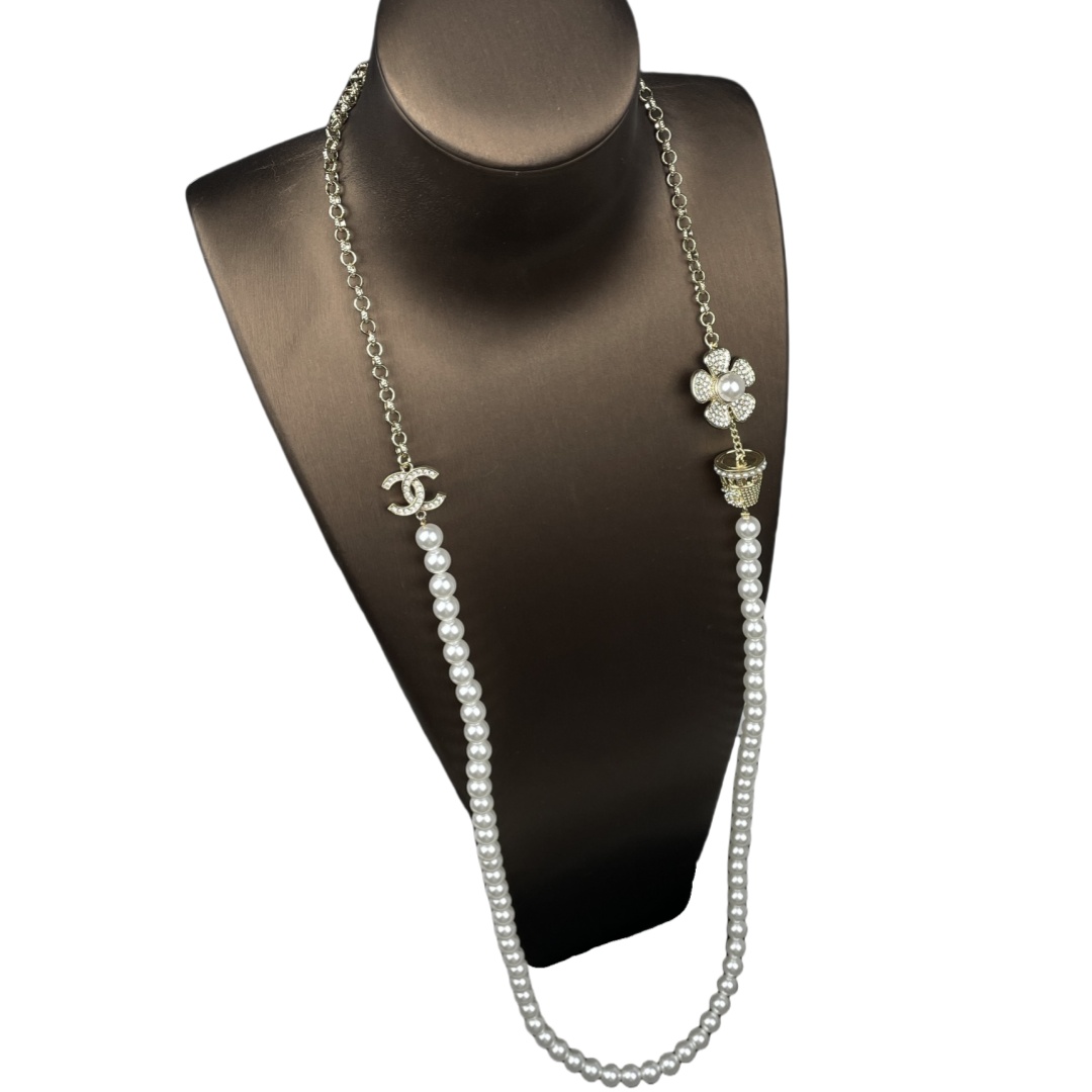 CCL171 Chanel flower disc pearl long chain sweater necklace - ccjewelryacc