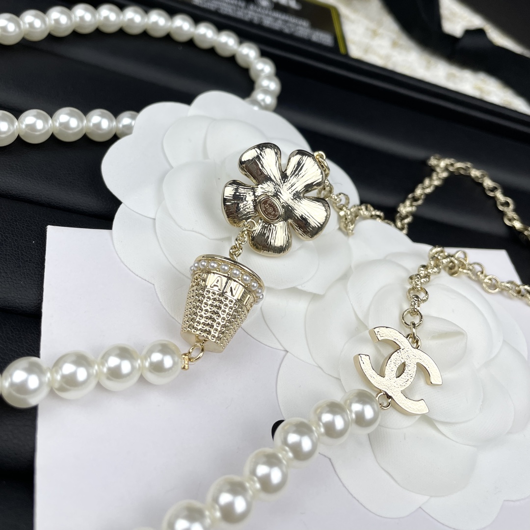 CCL171 Chanel flower disc pearl long chain sweater necklace - ccjewelryacc