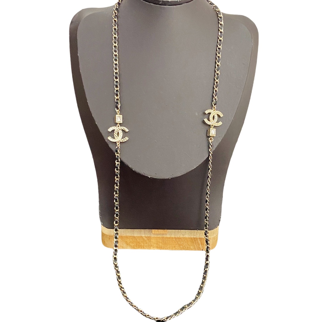 CCL269 chanel Metal and leather Long chain sweater necklace - ccjewelryacc