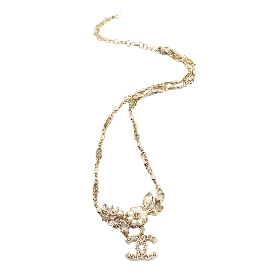 CCN282 Chanel champagne crystal flower necklace - ccjewelryacc