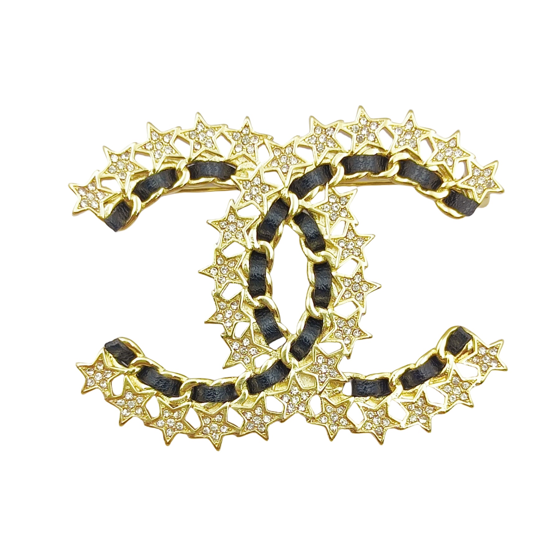BCB177 Metal and leather with crystal Stars CC logo brooch pin - ccfashionjewelry