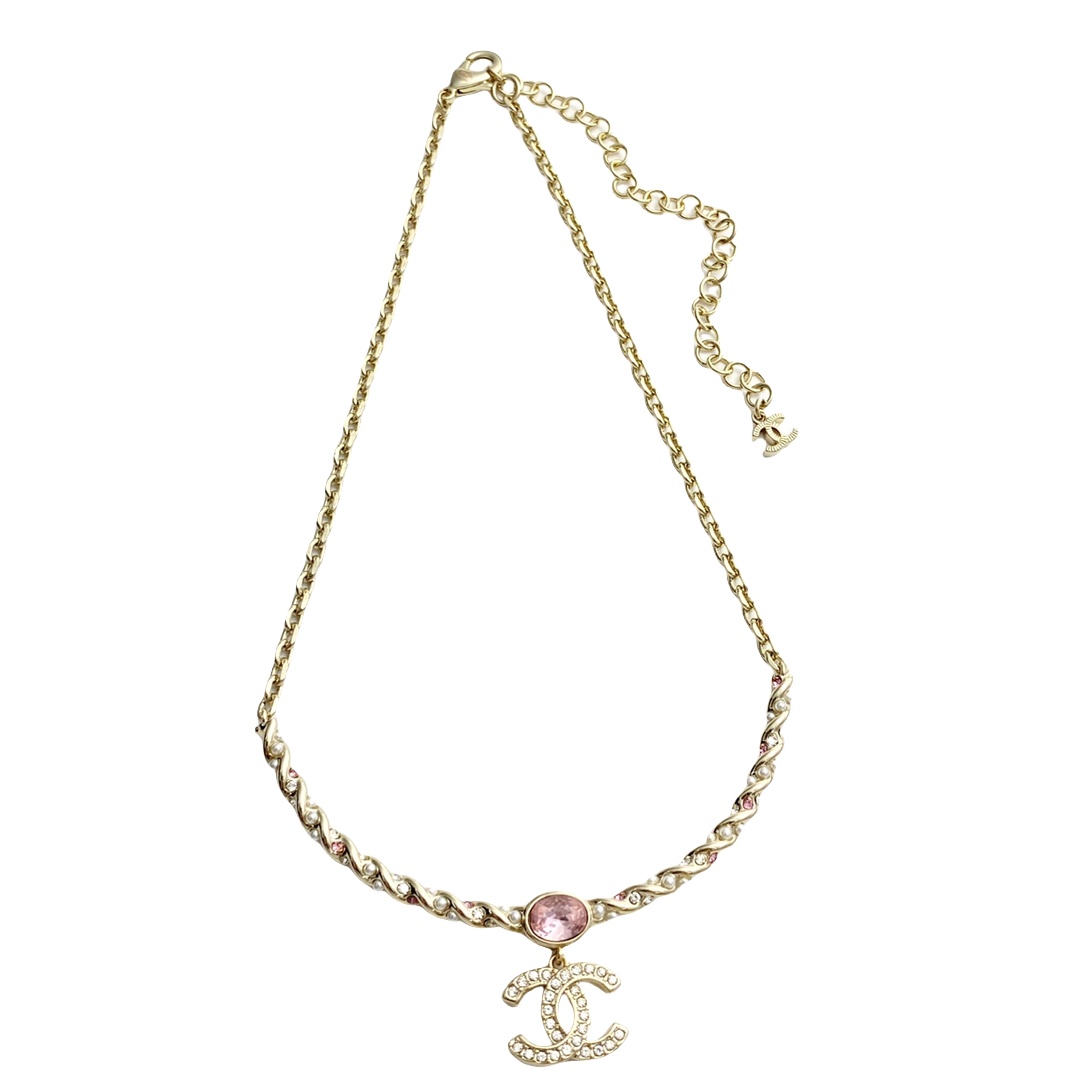 CCN433 Chanel Pearl twist crystal pink cc logo pendant necklace - ccjewelryacc