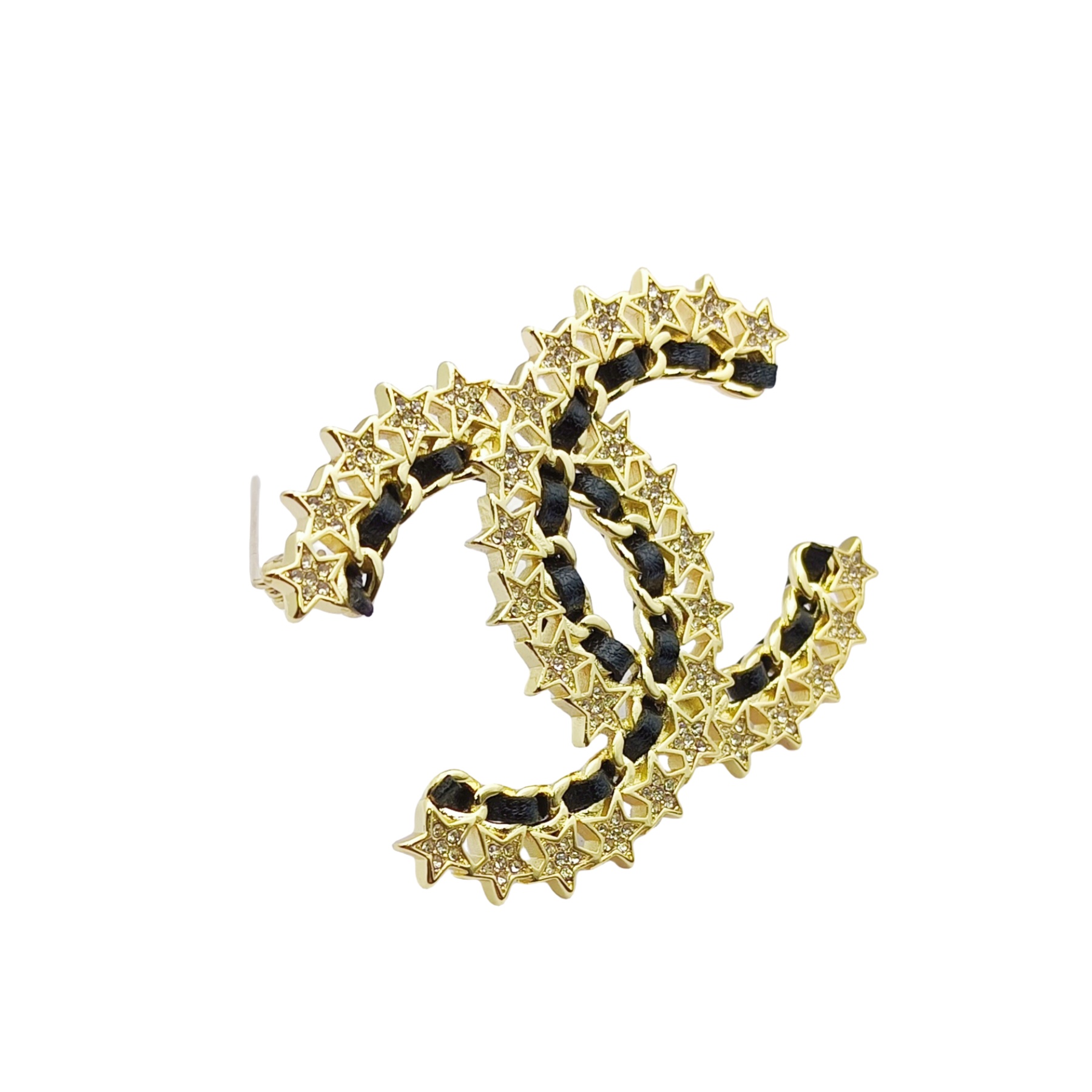 BCB177 Metal and leather with crystal Stars CC logo brooch pin - ccfashionjewelry