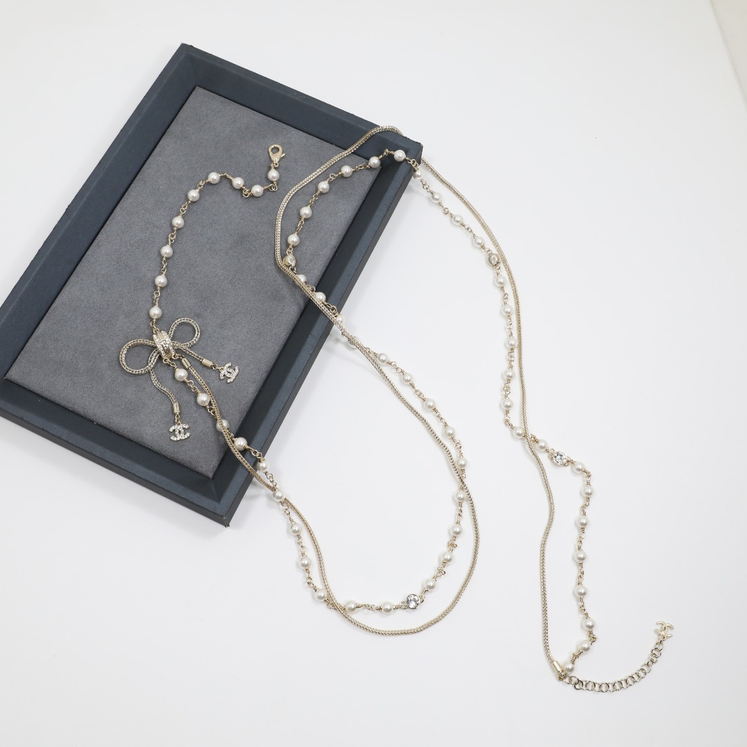 CCL070 Chanel metal pearl bow tassels long chain sweater necklace - ccjewelryacc