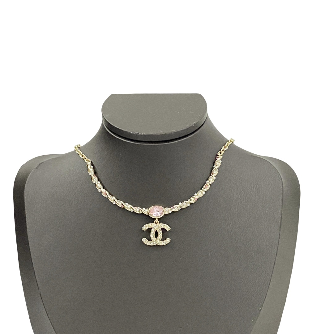 CCN433 Chanel Pearl twist crystal pink cc logo pendant necklace - ccfashionjewelry