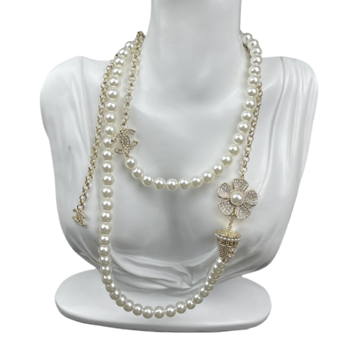 CCL171 Chanel flower disc pearl long chain sweater necklace - ccfashionjewelry