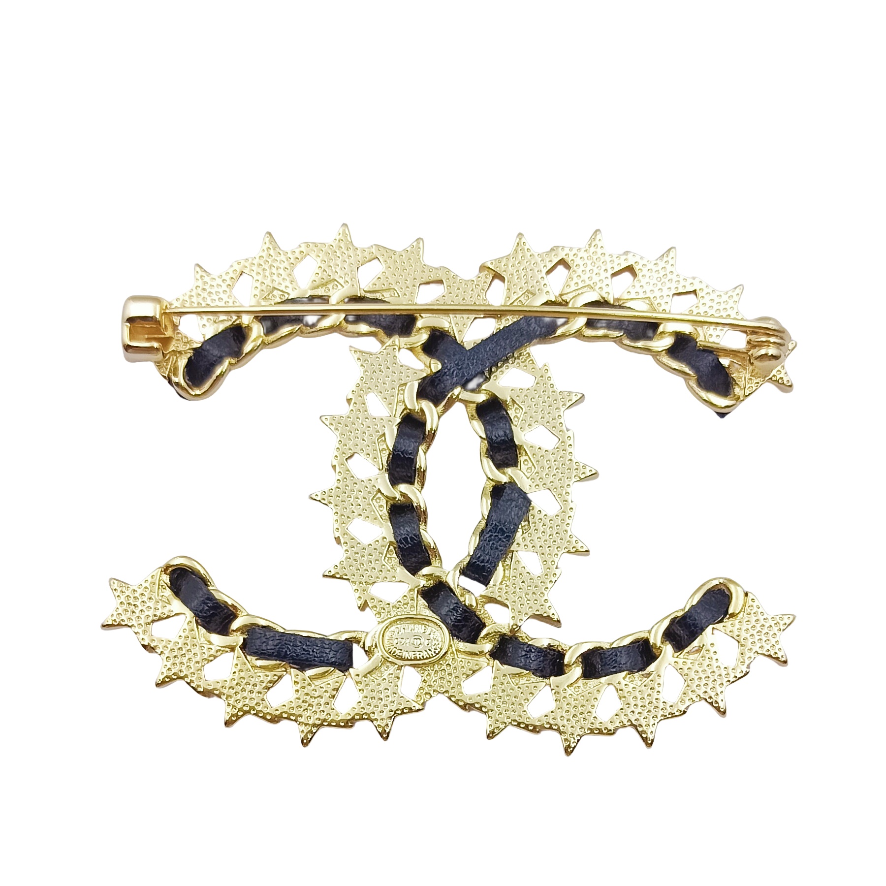 BCB177 Metal and leather with crystal Stars CC logo brooch pin - ccjewelryacc